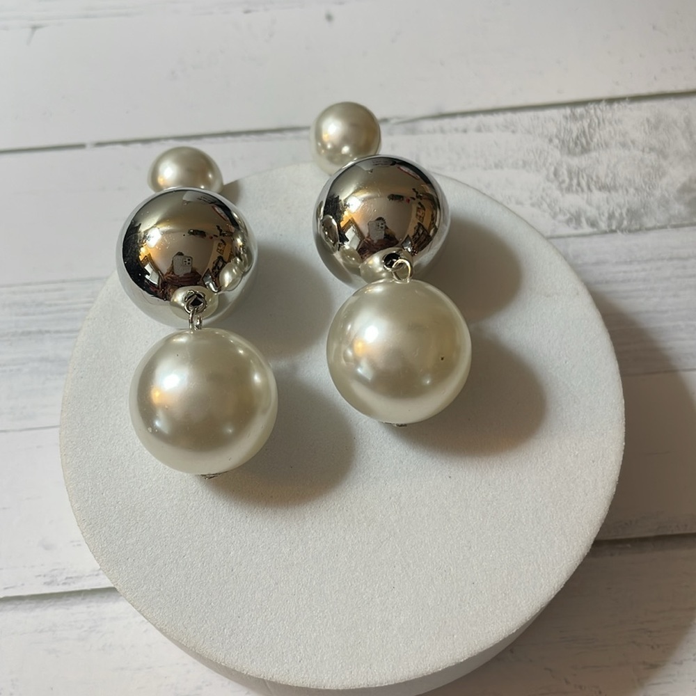Pearl Silver Bauble Drop Earrings - Picture 9 of 16